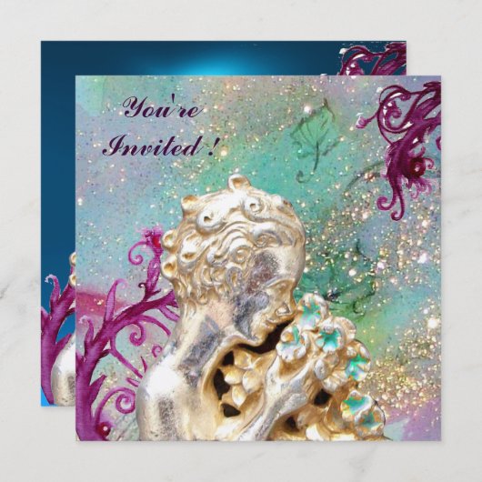 MÄDCHEN MIT BLUME IN GOLD GLITZERN, Blue Saphir Einladung (Vorne/Hinten)