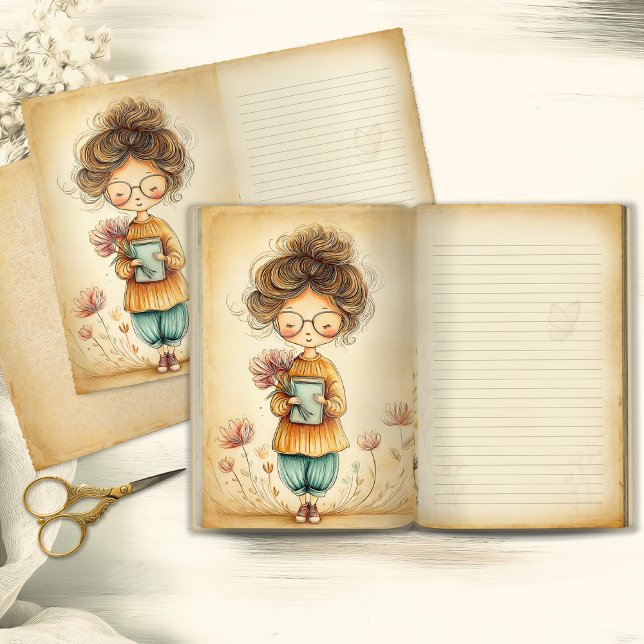 Mädchen mit Blumen im Junk Journal Seite (Von Creator hochgeladen)