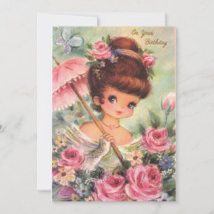 Mädchen mit Blumen zum Geburtstag im Vintage-Stil Feiertagskarte