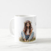 Mädchen mit braunem Haar Blumen im Haar Kaffeetasse (Vorderseite Links)