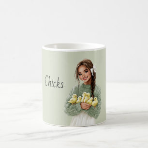 Mädchen mit braunen Haaren hält Baby-Gelbe Küken Kaffeetasse
