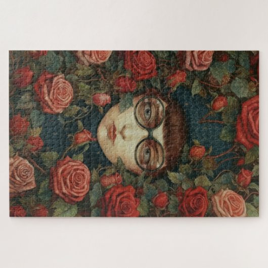 Mädchen mit Brille, umgeben von Rose Puzzle (Horizontal)