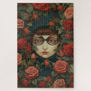 Mädchen mit Brille, umgeben von Rose Puzzle