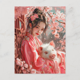 Mädchen mit chinesischer Zodiac Art Postkarte