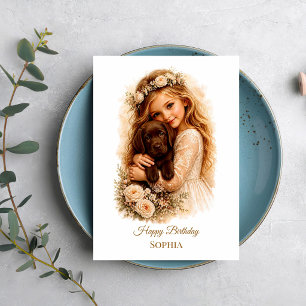 Mädchen mit Chocolate-Labrador-Welpe Karte