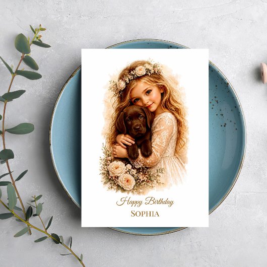 Mädchen mit Chocolate-Labrador-Welpe Karte