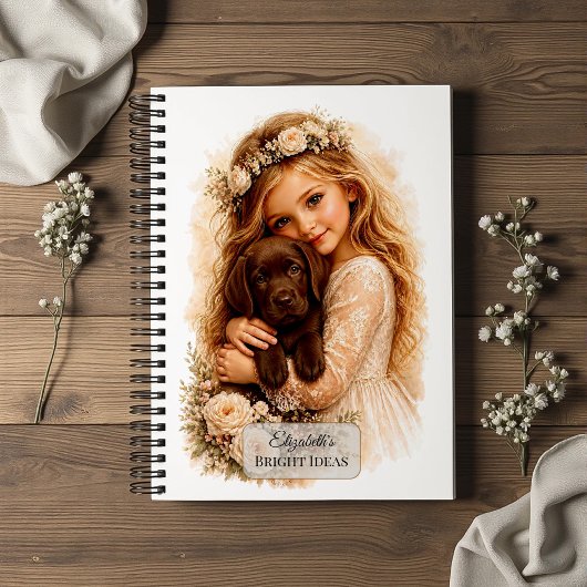 Mädchen mit Chocolate-Labrador-Welpe Notizblock