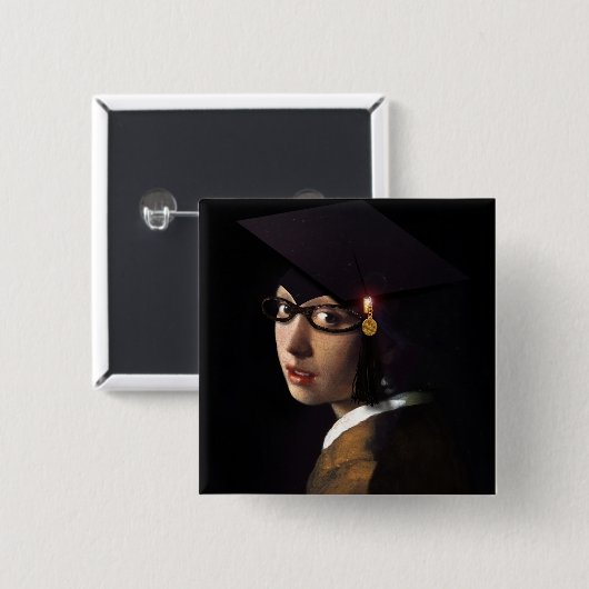 Mädchen mit dem Abschluss-Hut (Perlenohrring) Button (Vorne & Hinten)