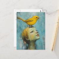 Mädchen mit dem gelben Vogel auf dem Kopf