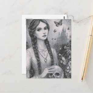 Mädchen mit dem Totenkopf Schwarz-Weiß-Fantasy  Postkarte