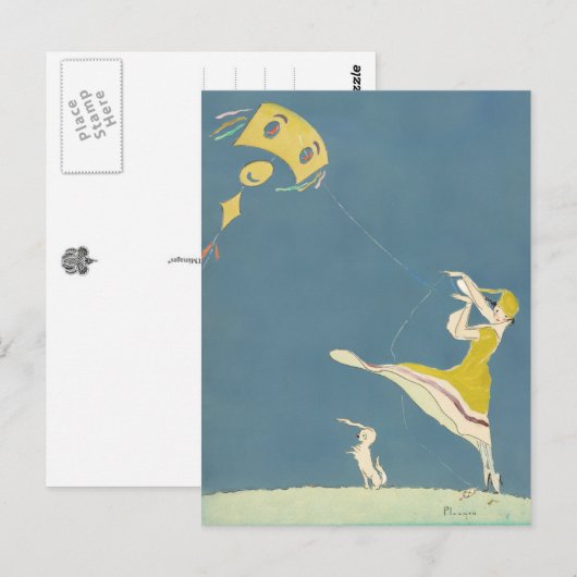 Mädchen mit Drachen und Hund Postkarte (Vorne/Hinten)