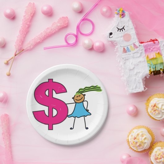 Mädchen mit einem Dollar-Zeichen Pappteller (Party)