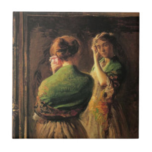 Mädchen mit einem grünen Schaf (von Joseph DeCamp) Fliese