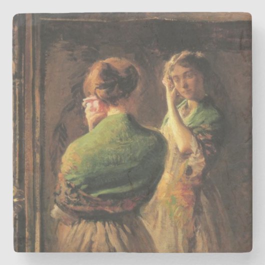 Mädchen mit einem grünen Schaf (von Joseph DeCamp) Steinuntersetzer (Vorderseite)