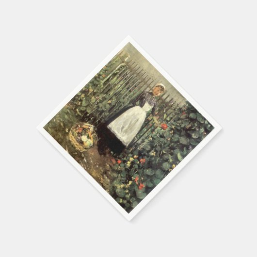 Mädchen mit einem Körbchen Gemüse im Garten Serviette (Ecke)