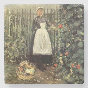 Mädchen mit einem Körbchen Gemüse im Garten Steinuntersetzer