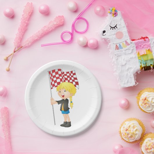 Mädchen mit einem Teller mit karierten Fahnen (Party)