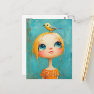 Mädchen mit einem Vogel auf dem Kopf Postkarte