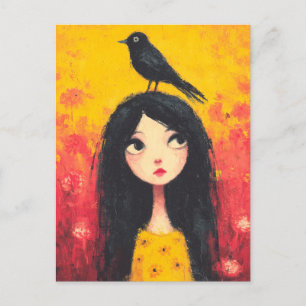 Mädchen mit einem Vogel auf ihrem Kopf Postkarte