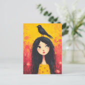 Mädchen mit einem Vogel auf ihrem Kopf Postkarte (Stehend Vorderseite)