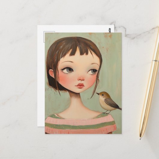 Mädchen mit einem Vogel auf ihrer Schulter Postkarte (Vorderseite/Rückseite Beispiel)