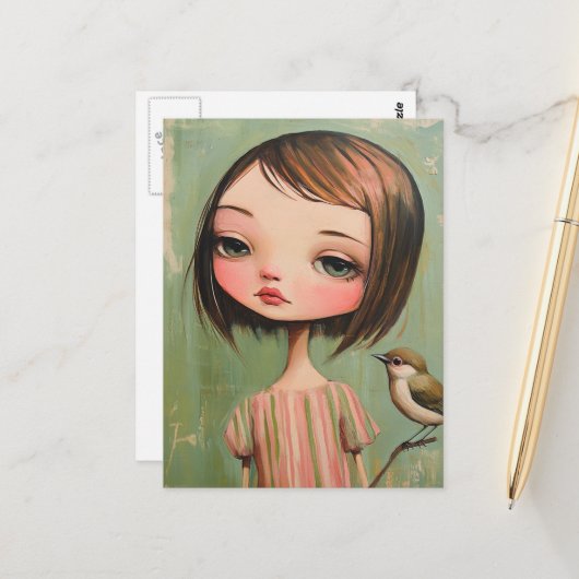 Mädchen mit einem Vogel Postkarte (Vorderseite/Rückseite Beispiel)