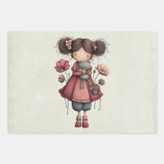 Mädchen mit einer Froschpuppe Niedlich und Whimsic Geschenkpapier Set (Vorderseite)