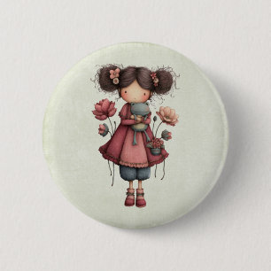 Mädchen mit einer Froschpuppe Niedlich Whimsical Button