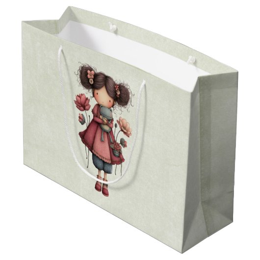 Mädchen mit einer Froschpuppe Niedlich Whimsical Große Geschenktüte (Rückseite Schrägansicht)