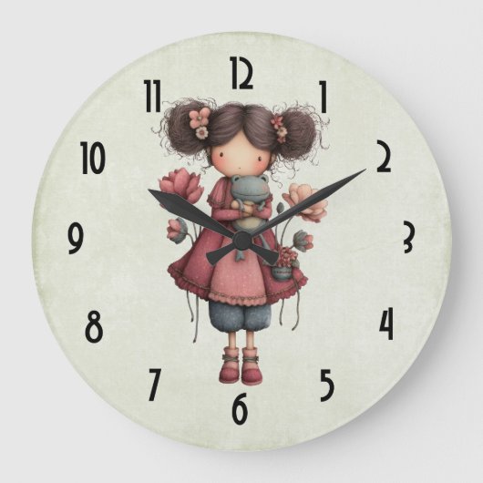 Mädchen mit einer Froschpuppe Niedlich Whimsical Große Wanduhr (Vorderseite)