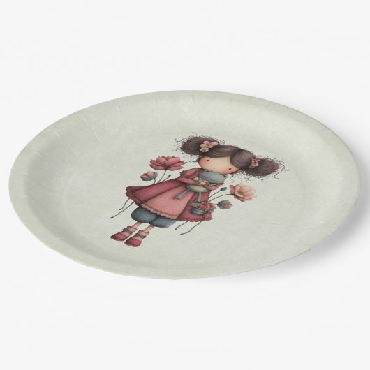 Mädchen mit einer Froschpuppe Niedlich Whimsical Pappteller (Schrägansicht)