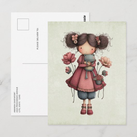 Mädchen mit einer Froschpuppe Niedlich Whimsical Postkarte (Vorne/Hinten)