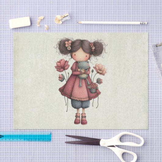Mädchen mit einer Froschpuppe Niedlich Whimsical Seidenpapier (Handwerk)