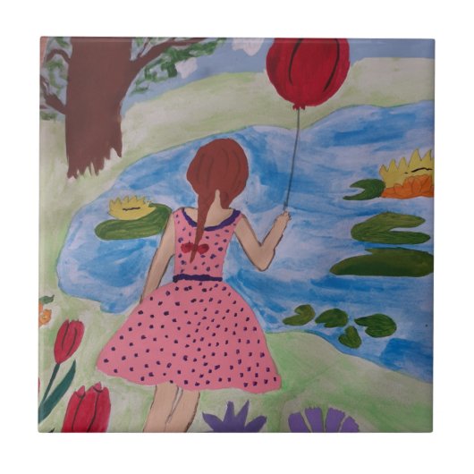 Mädchen mit einer Keramik aus Rot-Ballon Fliese (Vorderseite)