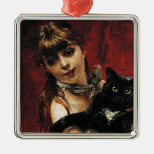 Mädchen mit einer schwarzen Katze auf dem Arm Ornament Aus Metall