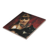 Mädchen mit einer schwarzen Katze in ihren Armen Fliese (Seite)