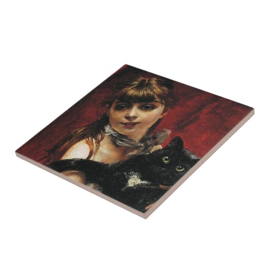 Mädchen mit einer schwarzen Katze in ihren Armen Fliese (Seite)