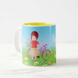 Mädchen mit Fahrrad auf einer blühenden Wiese Zweifarbige Tasse