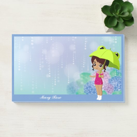 Mädchen mit Frosch Umbrella & Hydrangea Blume Blau Post-it Klebezettel (Büro)