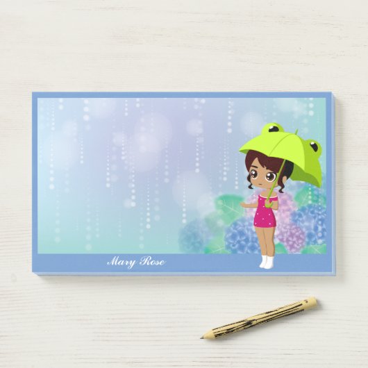 Mädchen mit Frosch Umbrella & Hydrangea Blume Blau Post-it Klebezettel (Auf Schreibtisch)