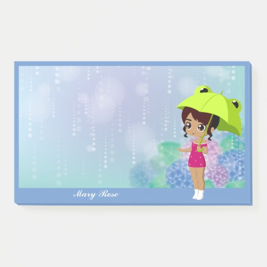 Mädchen mit Frosch Umbrella & Hydrangea Blume Blau Post-it Klebezettel (Vorderseite)