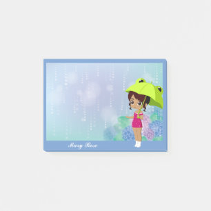 Mädchen mit Frosch Umbrella & Hydrangea Blume Blau Post-it Klebezettel