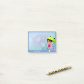Mädchen mit Frosch Umbrella & Hydrangea Blume Blau Post-it Klebezettel (Auf Schreibtisch)