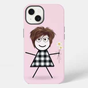 Mädchen mit Gänseblümchenstrauß als Strichzeichnun iPhone 13 Hülle