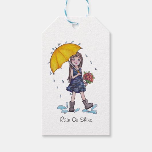 Mädchen mit gelbem Regenschirm in Wasserfarbe Geschenkanhänger (Vorderseite)