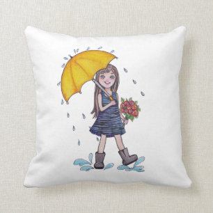 Mädchen mit gelbem Regenschirm in Wasserfarbe Kissen