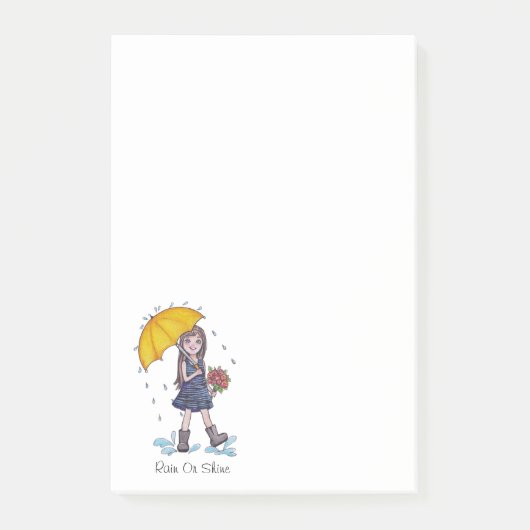 Mädchen mit gelbem Regenschirm in Wasserfarbe Post-it Klebezettel (Vorderseite)