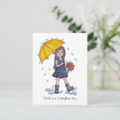 Mädchen mit gelbem Regenschirm in Wasserfarbe Postkarte (Stehend Vorderseite)