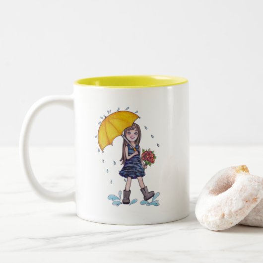Mädchen mit gelbem Regenschirm in Wasserfarbe Zweifarbige Tasse (Mit Donut)
