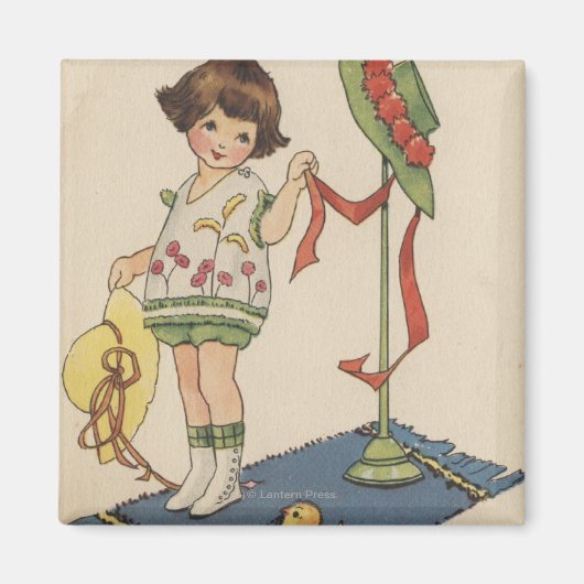 Mädchen mit Gelbhut und Küken Magnet (Vorne)